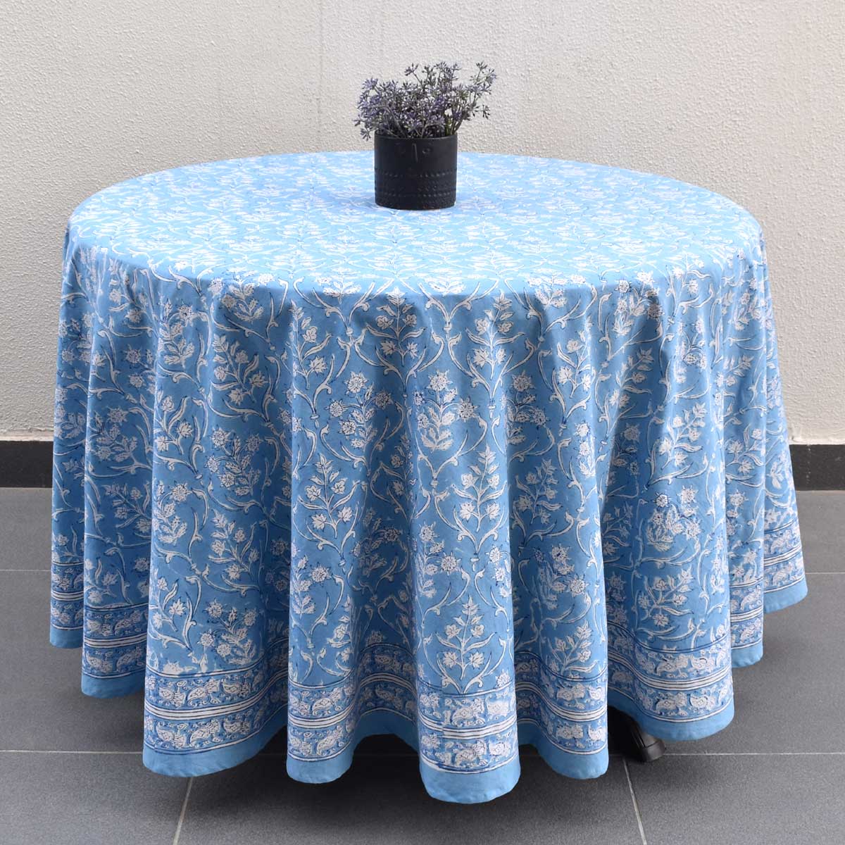 Hand Block Printed Cotton Round Tablecloth 220 cms Vine Leaf Alaskan Gud 600969