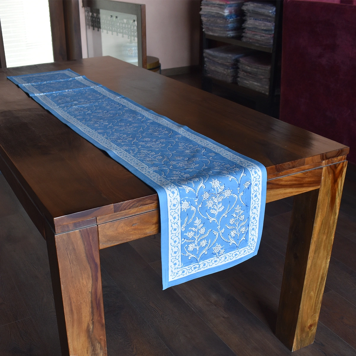 Hand Block Printed Cotton Canvas Table Runner 33x170 cms Vine Leaf Alaskan Gud 600969