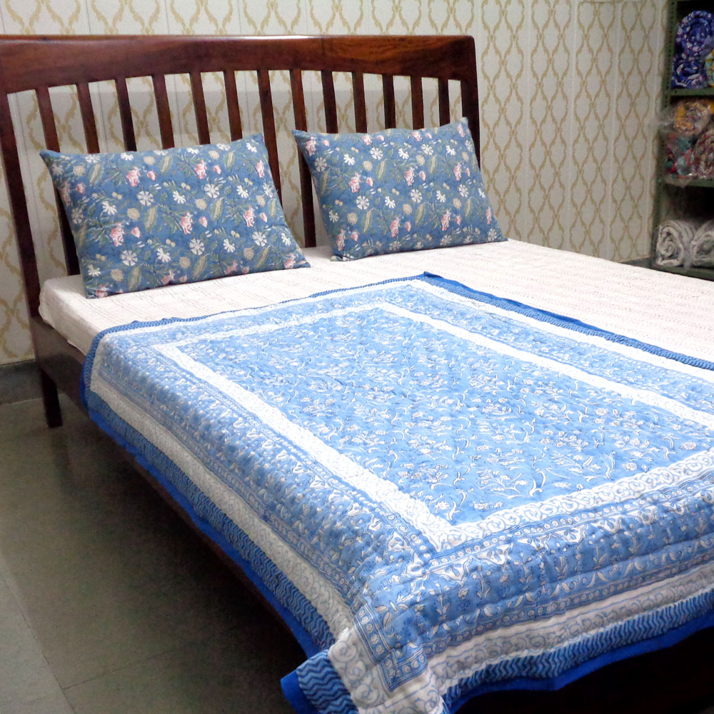 Hand Block Printed Baby Quilt  100x140 cm Jaipur Razai Vine Leaf Alaskan Gud 600969