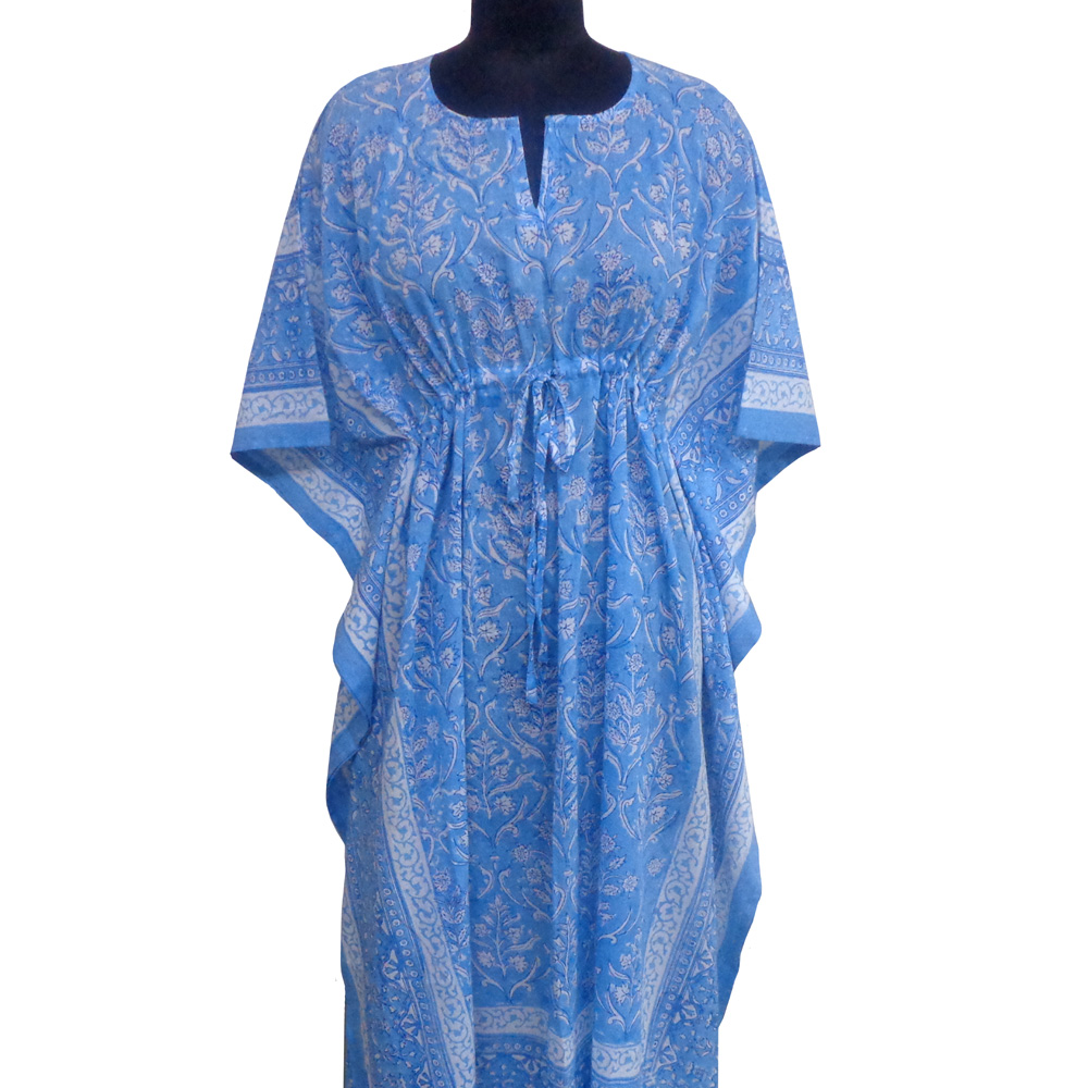 Long Size Kaftan Free Size Indian Block-Printed Loungewear in Soft Cotton Voile Vine Leaf Alaskan Gud 600969