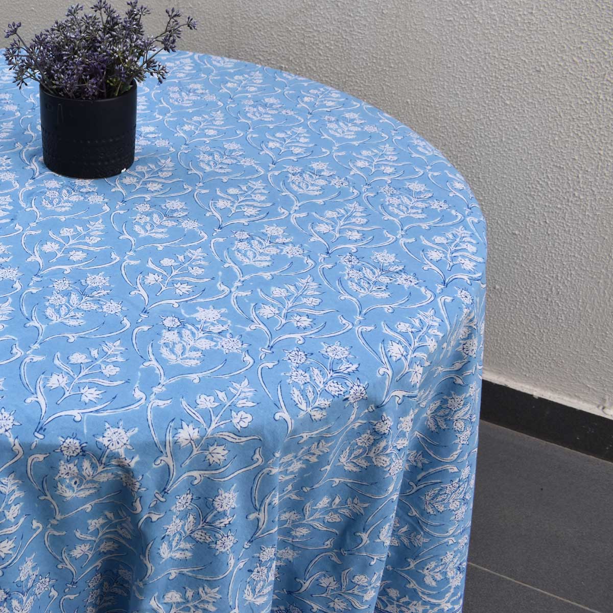 Hand Block Printed Cotton Round Tablecloth 220 cms Vine Leaf Alaskan Gud 600969