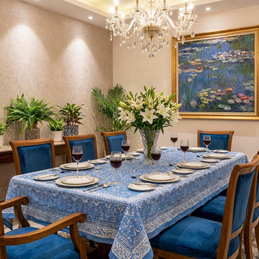Hand Block Printed Cotton Tablecloth 180x340 cms Vine Leaf Alaskan Gud 600969