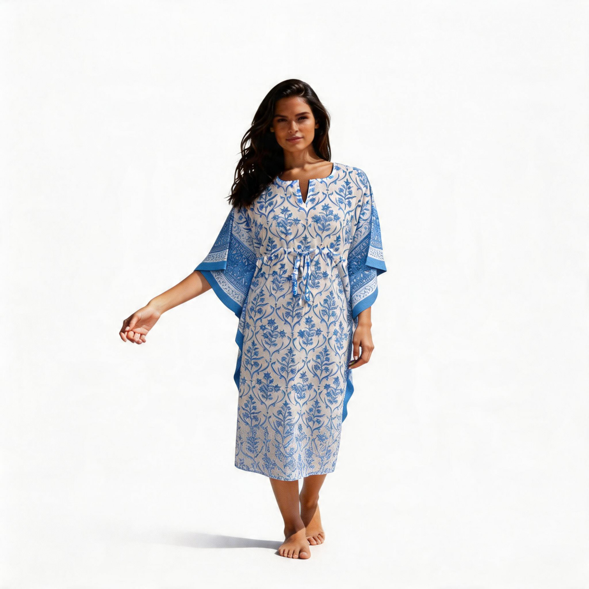 Long Size Kaftan Free Size Indian Block-Printed Loungewear in Soft Cotton Voile Vine Leaf Alaskan Open 208679
