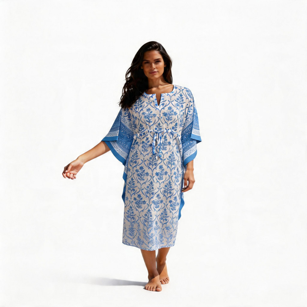 Image of Long Size Kaftan Free Size Indian Block-Printed Loungewear in Soft Cotton Voile | Vine Leaf Alaskan Open 208679