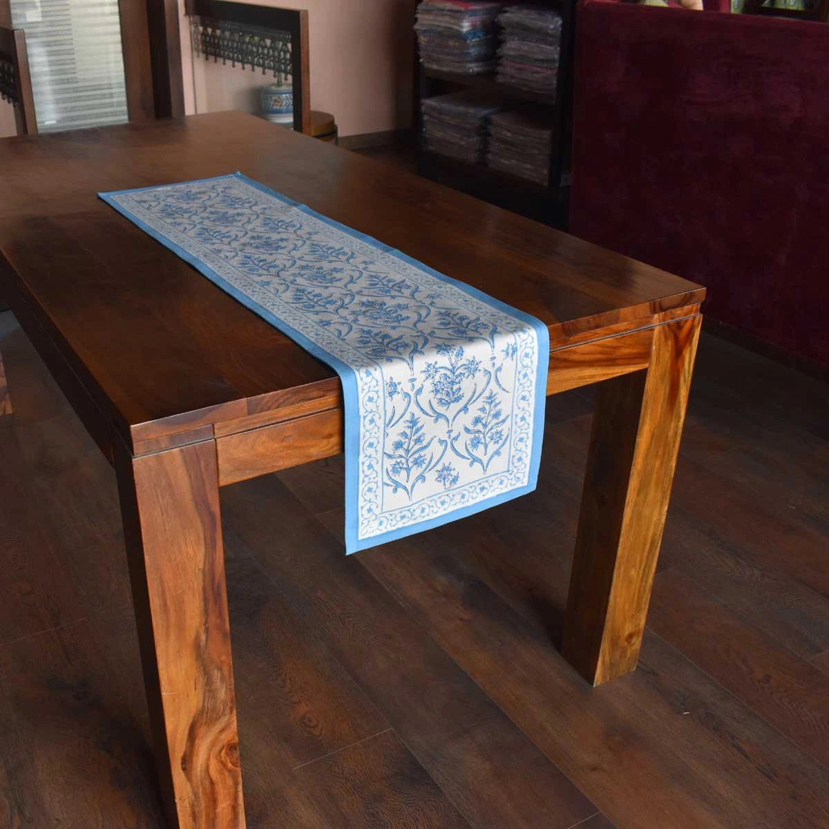Hand Block Printed Cotton Canvas Table Runner 33x120 cms Vine Leaf Alaskan Open 208679