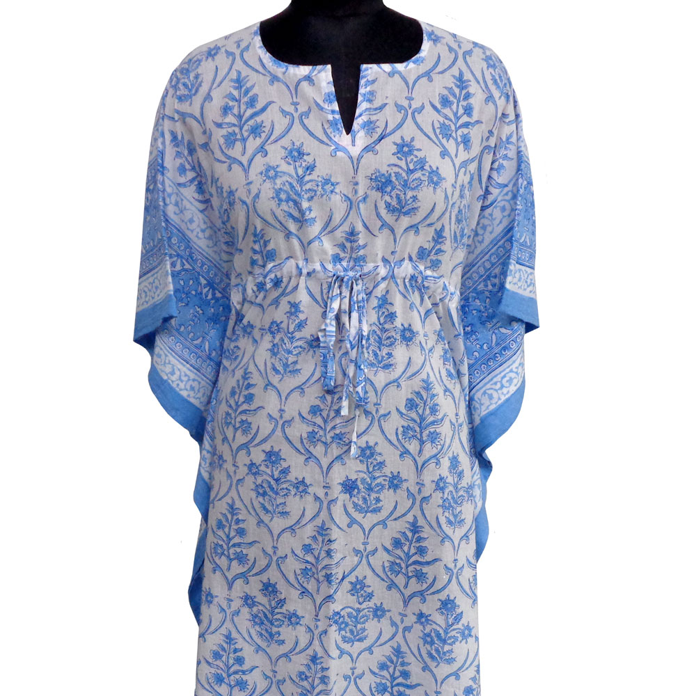 Long Size Kaftan Free Size Indian Block-Printed Loungewear in Soft Cotton Voile Vine Leaf Alaskan Open 208679
