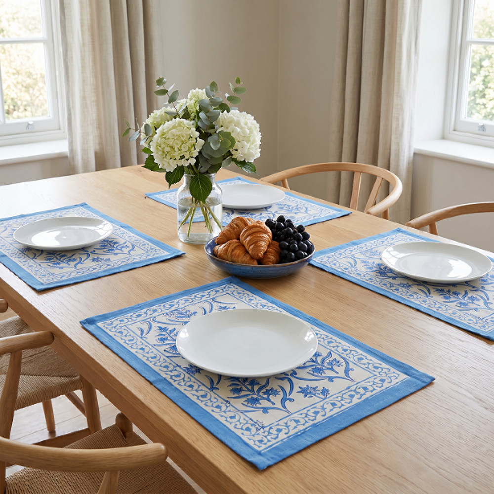 Image of Hand Block Printed Cotton Canvas Table Mat 32x48 cms (Set of 2 Table mats) | Vine Leaf Alaskan Open 208679