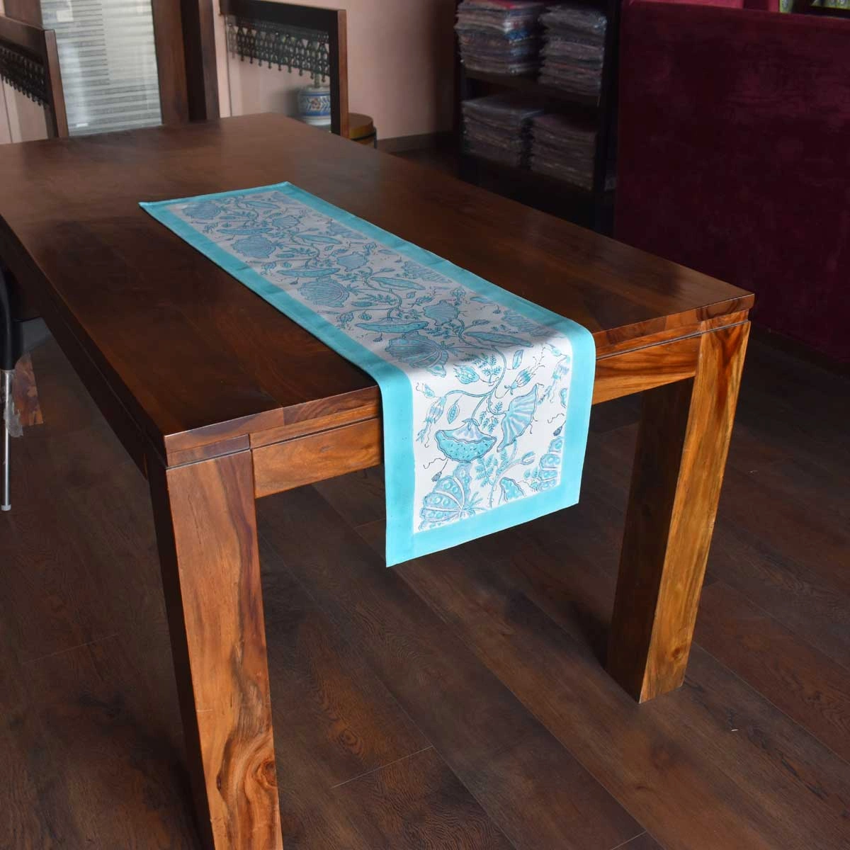 Hand Block Printed Cotton Canvas Table Runner 33x120 cms Waterlily Aqua 205006