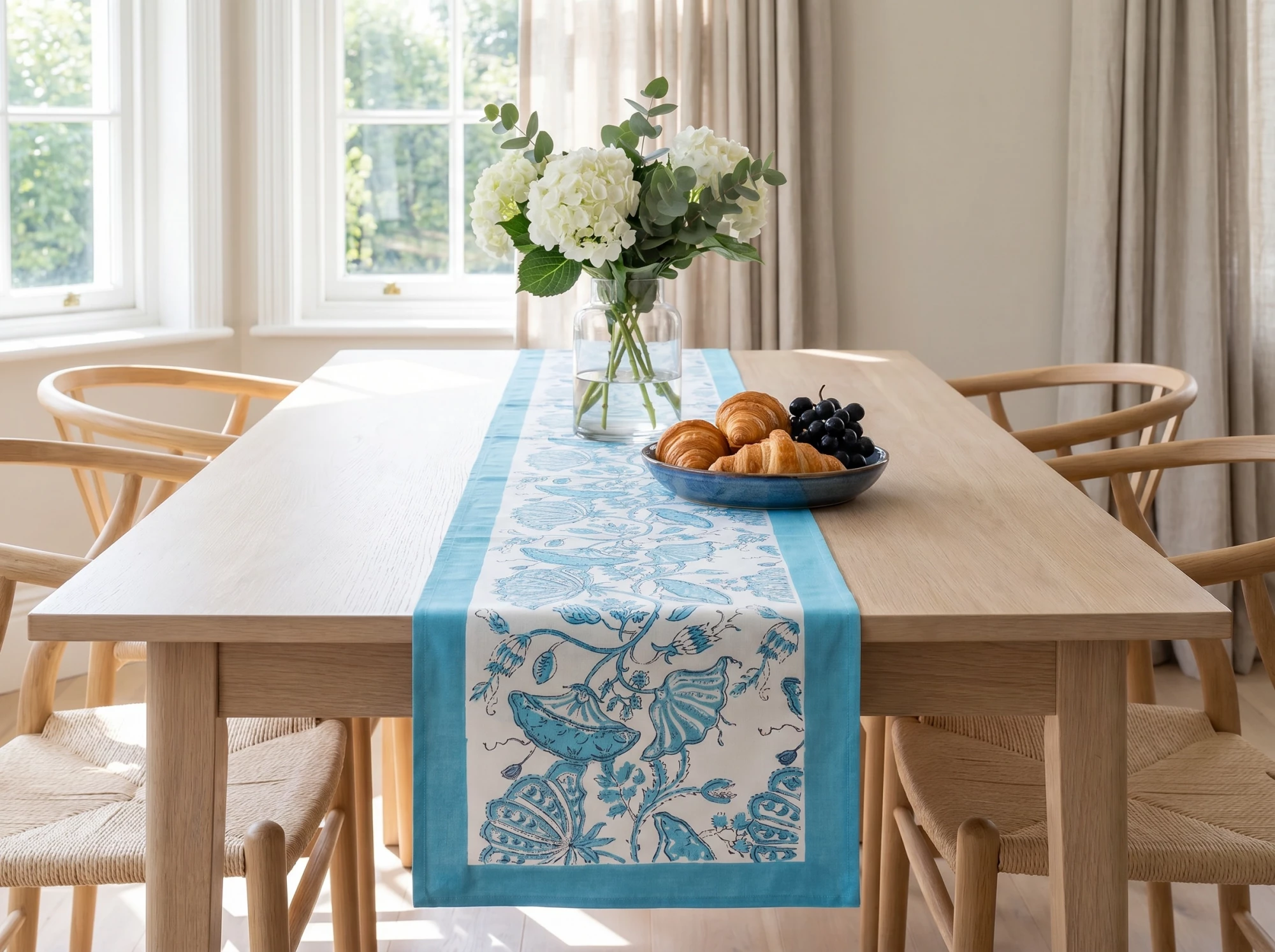 Hand Block Printed Cotton Canvas Table Runner 33x120 cms Waterlily Aqua 205006
