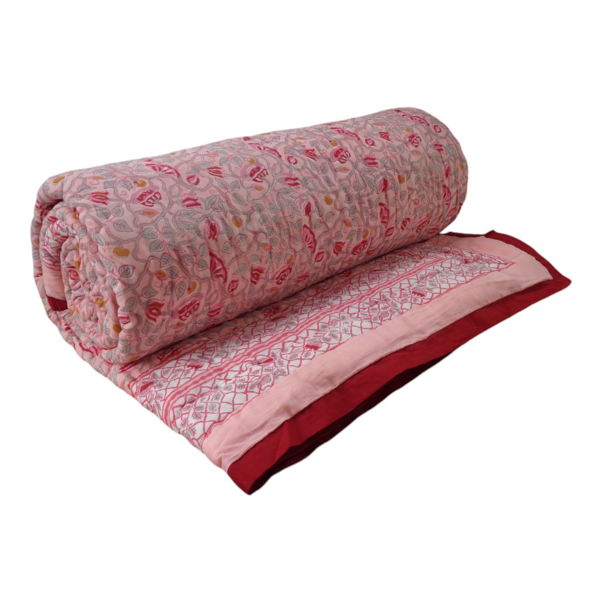 Hand Block Printed Cotton Queen Size Quilt Waterlily Pink Gud 906174