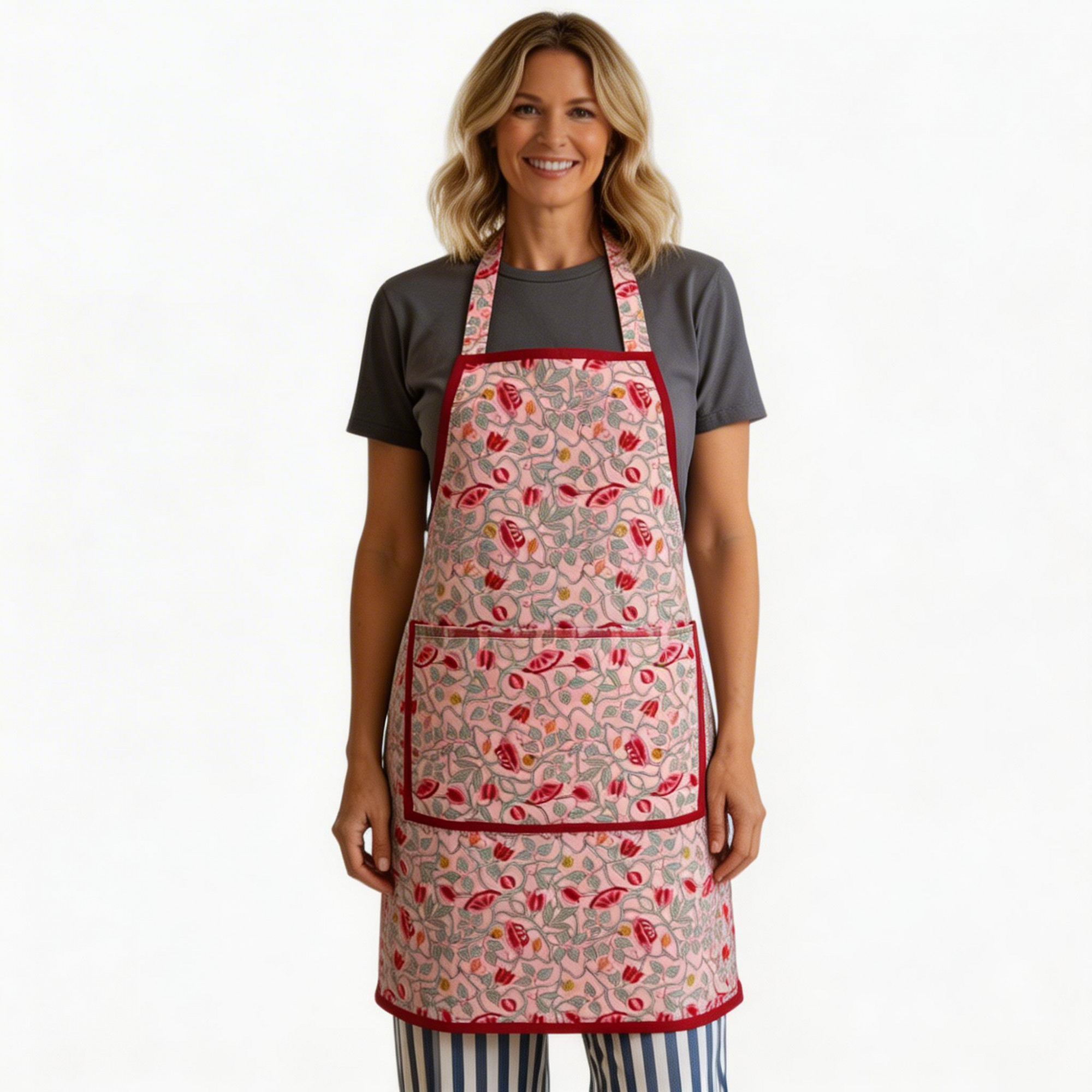 Indian Block-Printed 100 Cotton Apron  Waterlily Pink Gud 906174