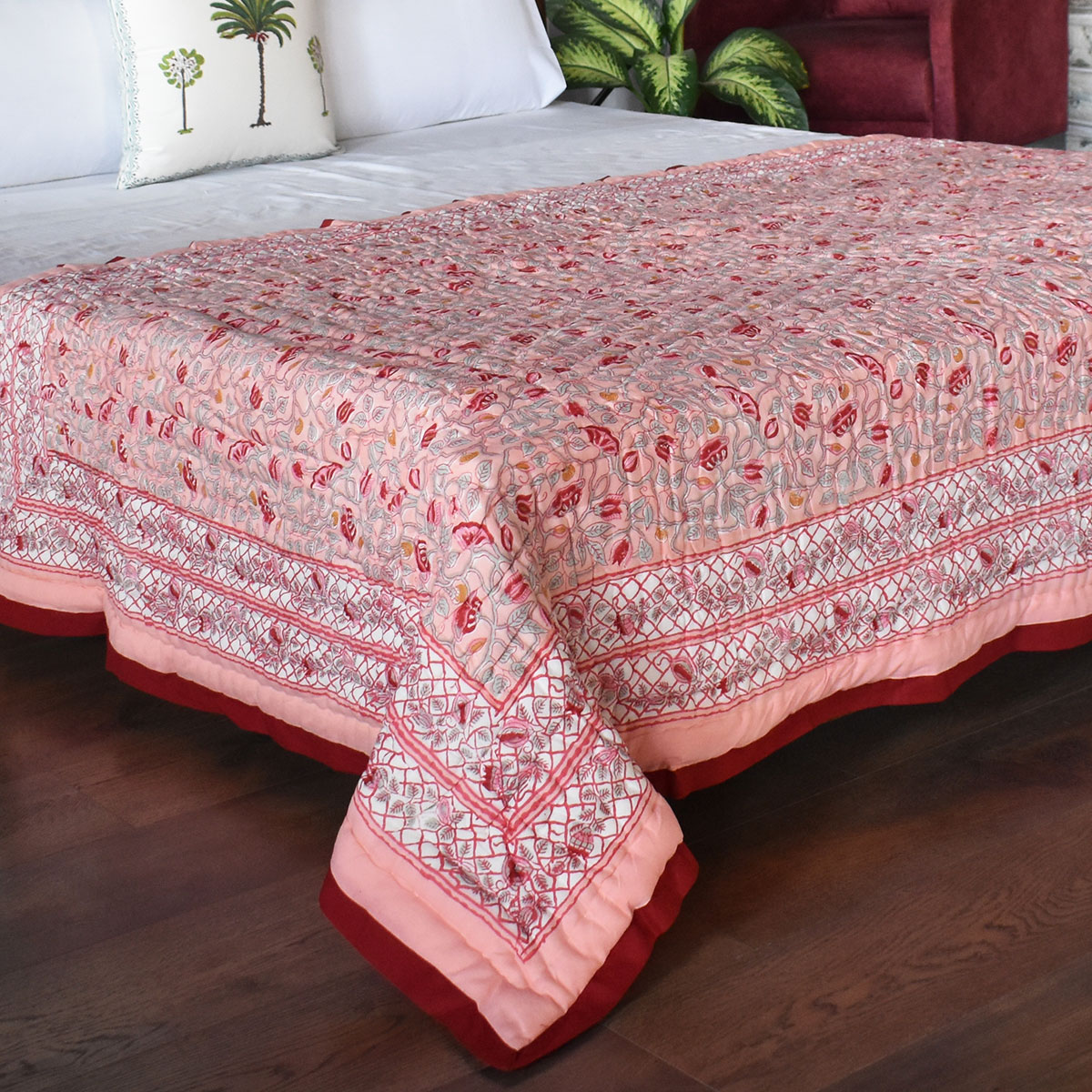 Hand Block Printed Cotton Twin Size Quilt Waterlily Pink Gud 906174