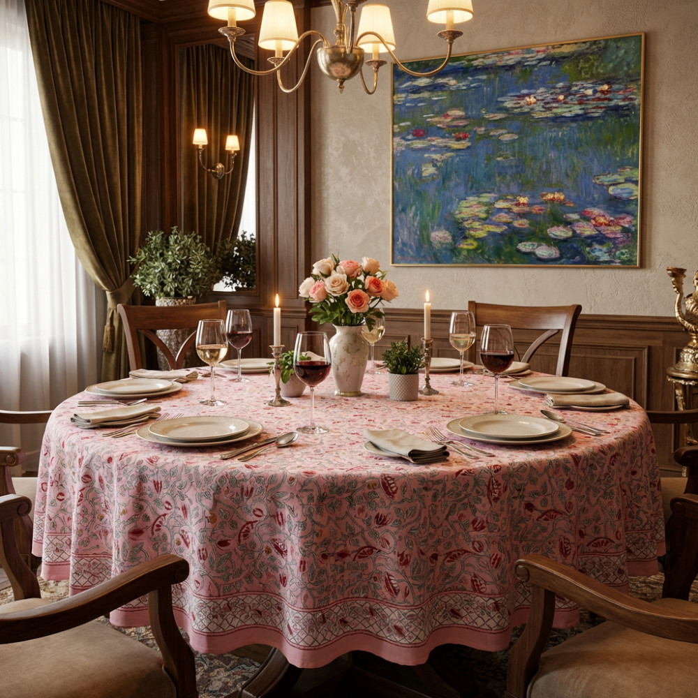 Image of Hand Block Printed Cotton Round Tablecloth 220 cms| Waterlily Pink Gud 906174