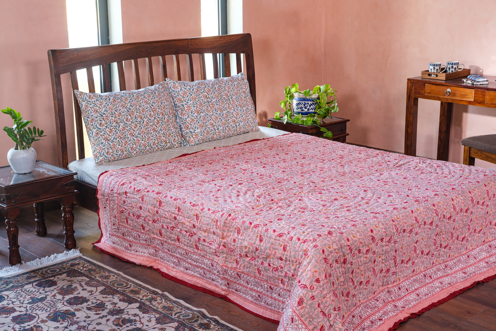Hand Block Printed Cotton Queen Size Quilt Waterlily Pink Gud 906174