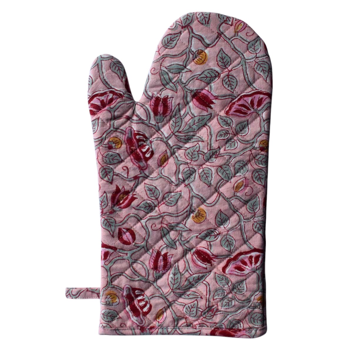 Artisan-Made Hand Block Printed Oven Mitt and Pot Holder Set Waterlily Pink Gud 906174