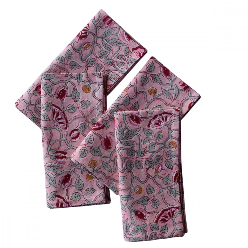 Image of Hand Block Printed Cotton Napkin 45x45 cms (Set of 4 Napkins) | Waterlily Pink Gud 906174