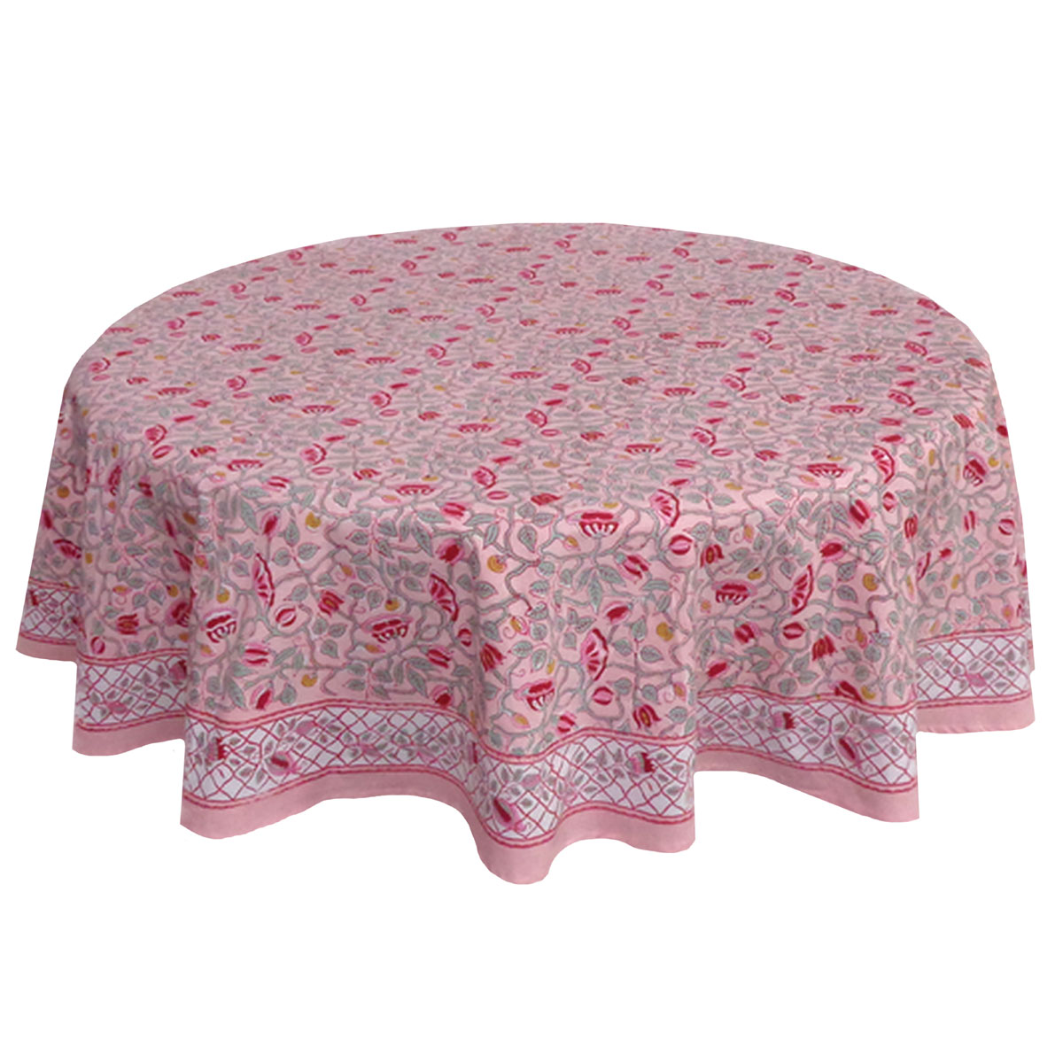 Hand Block Printed Cotton Round Tablecloth 220 cms Waterlily Pink Gud 906174