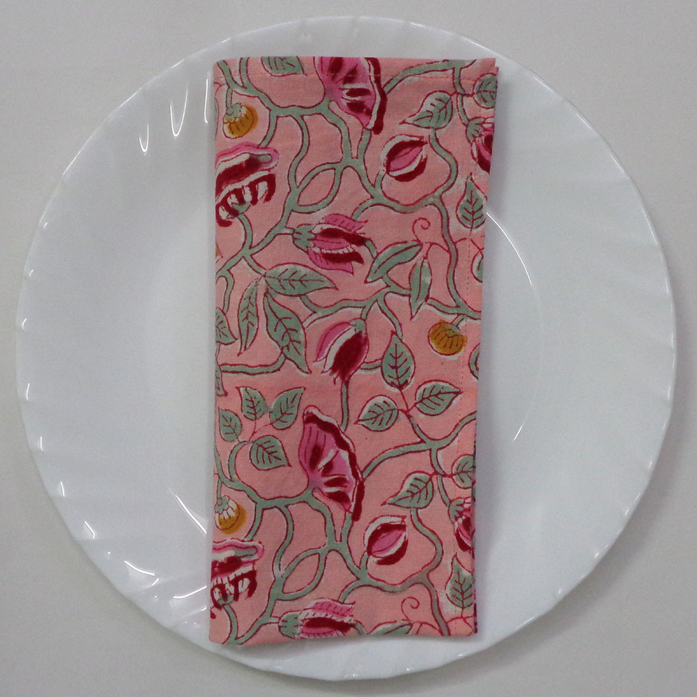 Hand Block Printed Cotton Napkin 45x45 cms Set of 4 Napkins Waterlily Pink Gud 906174