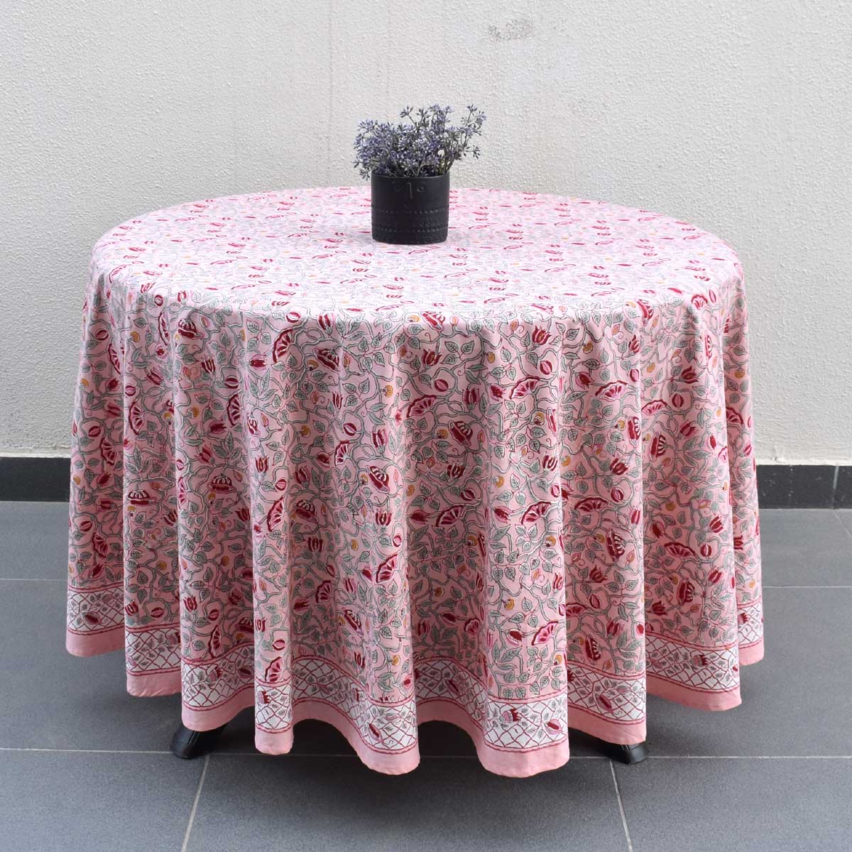 Hand Block Printed Cotton Round Tablecloth 220 cms Waterlily Pink Gud 906174