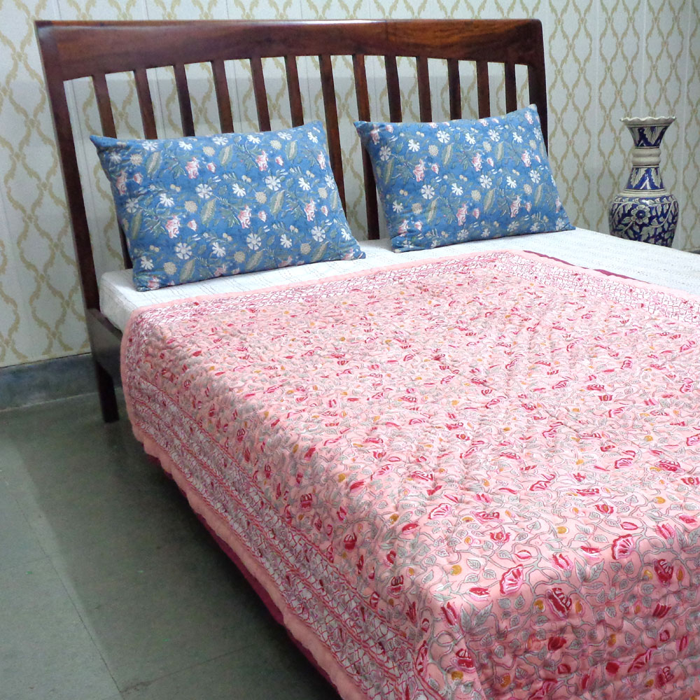Hand Block Printed Cotton Twin Size Quilt Waterlily Pink Gud 906174