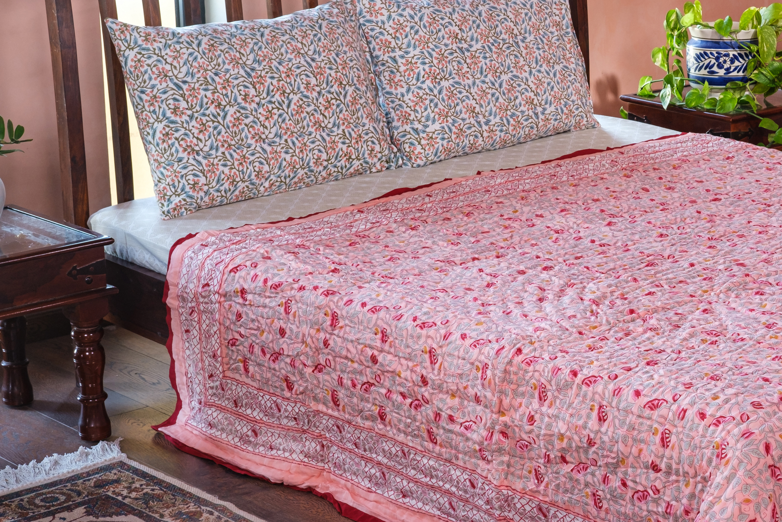 Hand Block Printed Cotton Queen Size Quilt Waterlily Pink Gud 906174