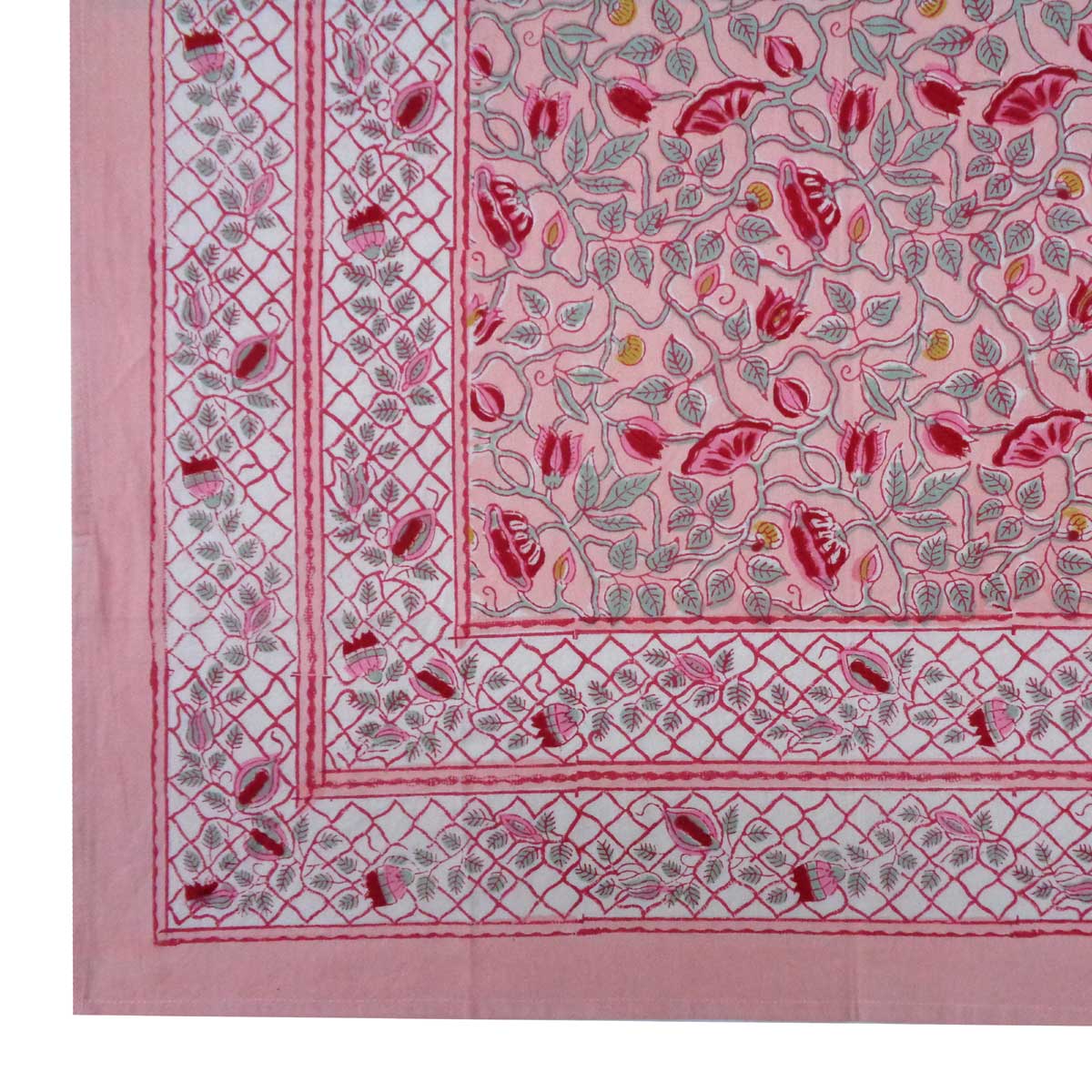 Hand Block Printed Cotton Tablecloth 180x340 cms Waterlily Pink Gud 906174