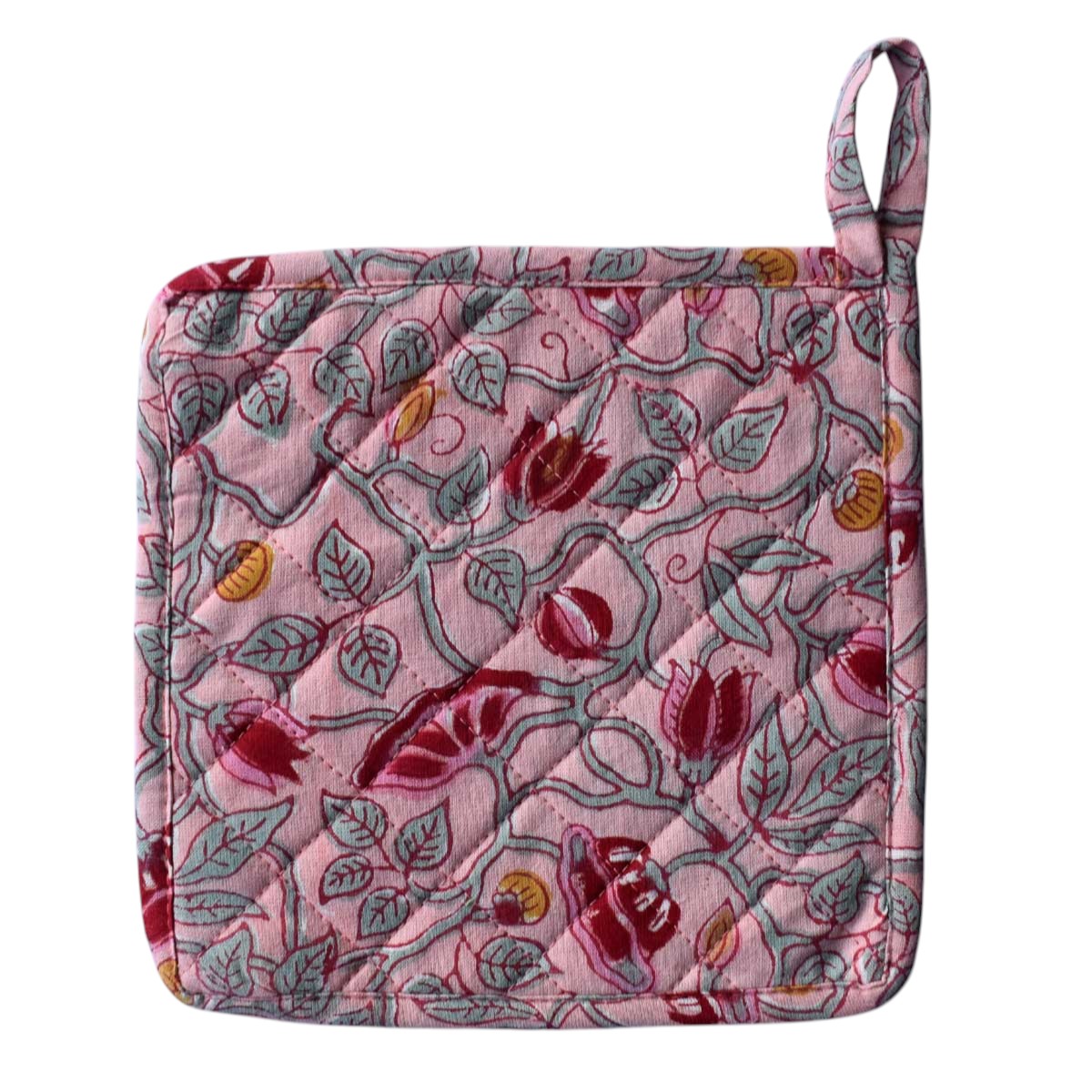 Artisan-Made Hand Block Printed Oven Mitt and Pot Holder Set Waterlily Pink Gud 906174