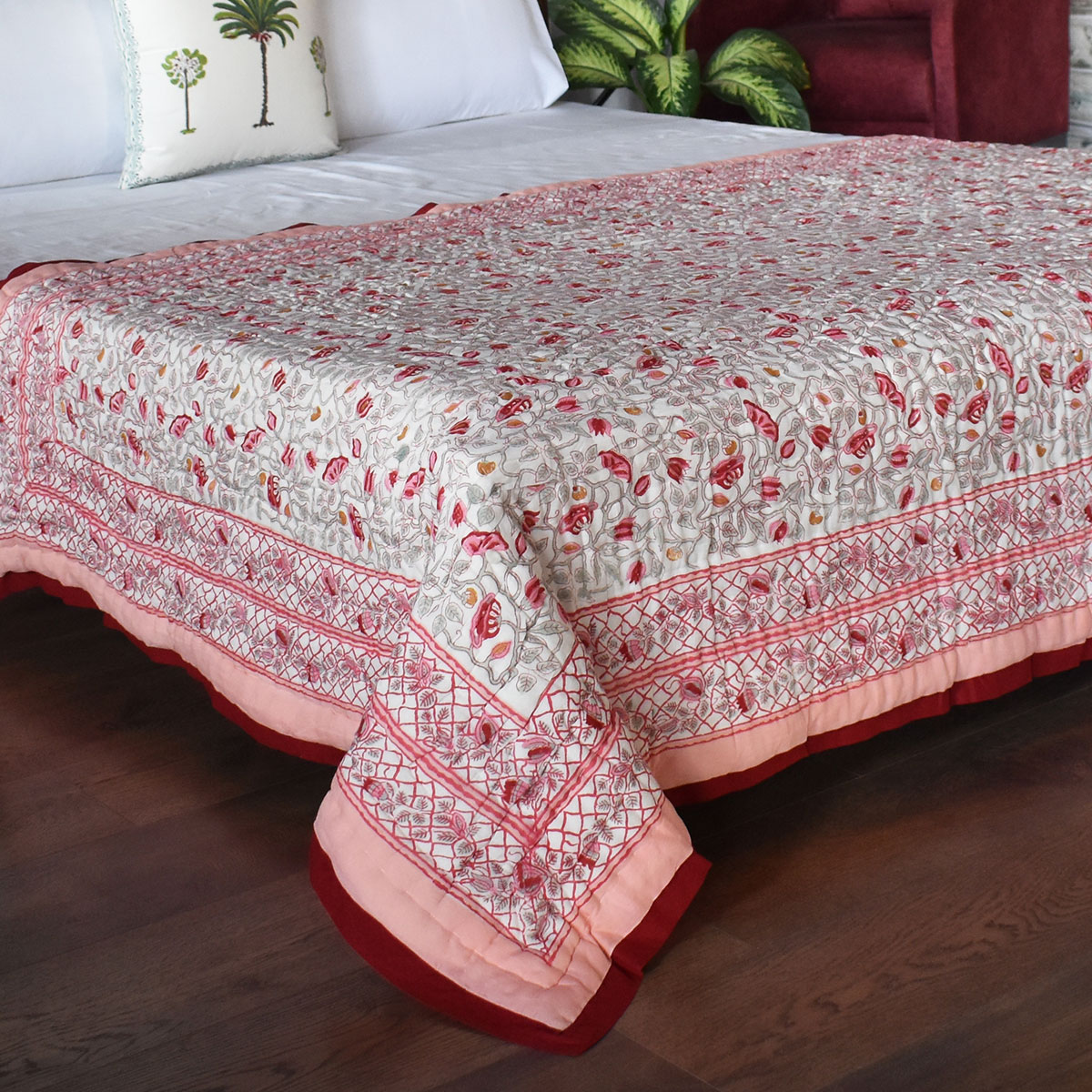 Hand Block Printed Cotton Twin Size Quilt Waterlily Pink Gud 906174