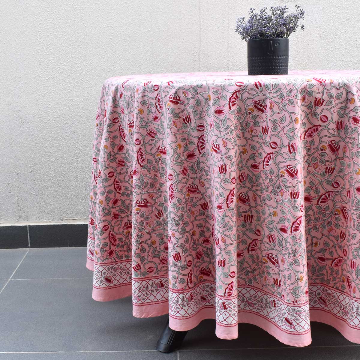 Hand Block Printed Cotton Round Tablecloth 180 cms Waterlily Pink Gud 906174
