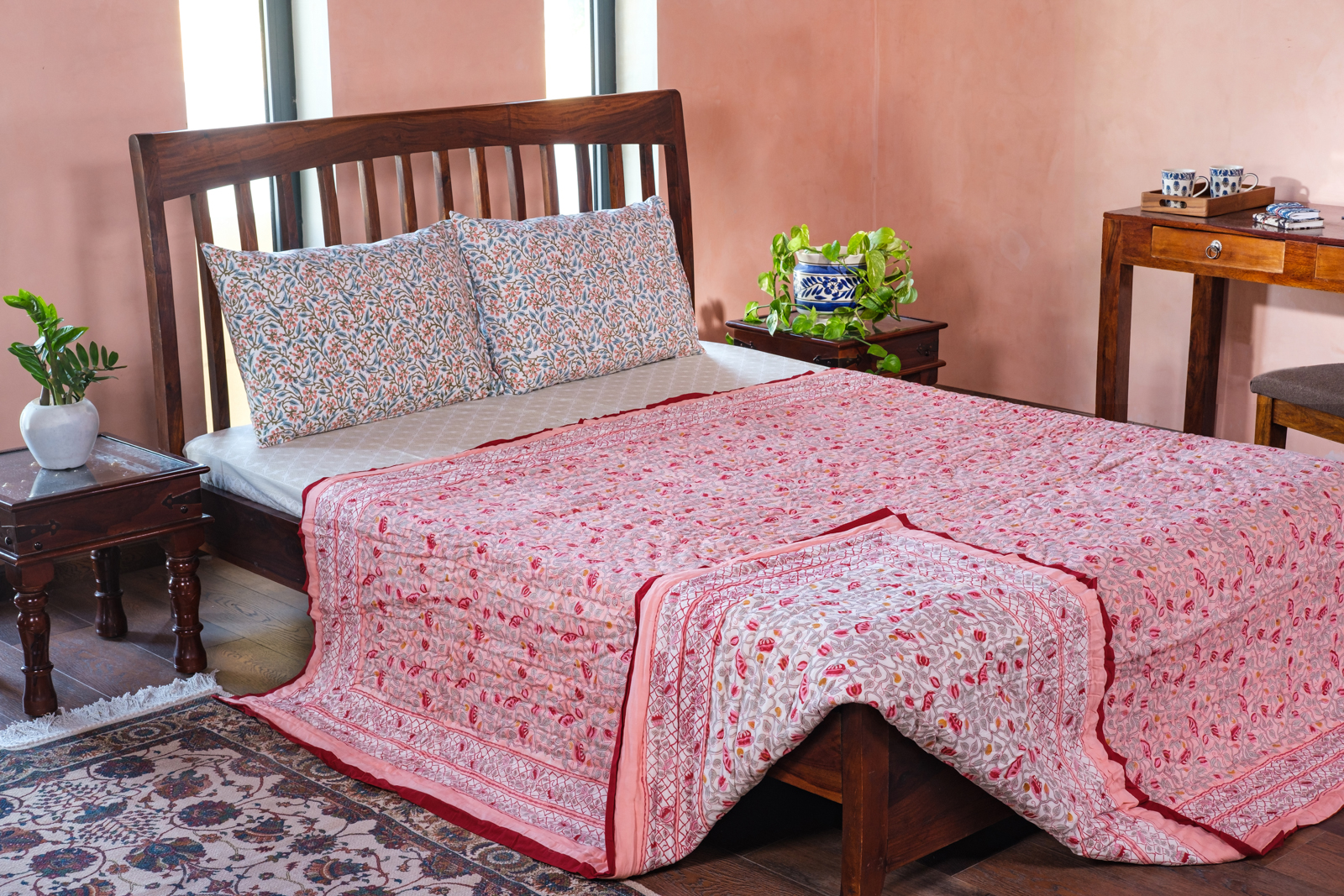 Hand Block Printed Cotton Queen Size Quilt Waterlily Pink Gud 906174