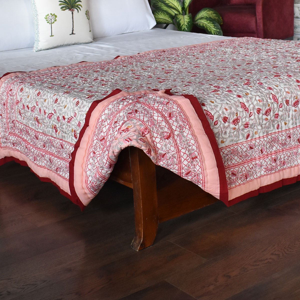 Hand Block Printed Cotton Twin Size Quilt Waterlily Pink Gud 906174