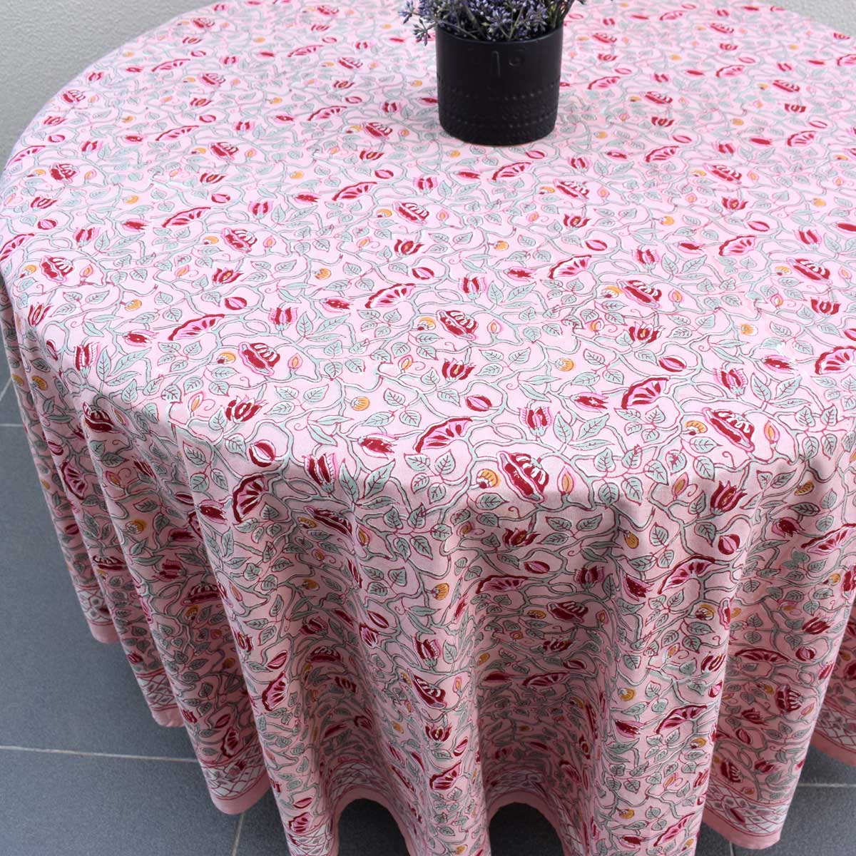 Hand Block Printed Cotton Round Tablecloth 220 cms Waterlily Pink Gud 906174