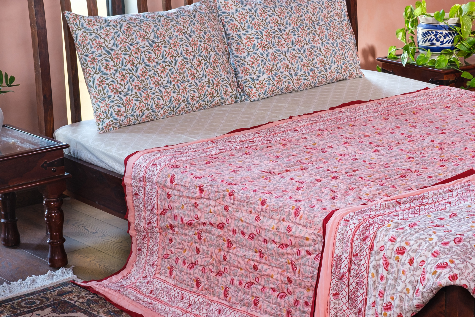 Hand Block Printed Cotton Queen Size Quilt Waterlily Pink Gud 906174