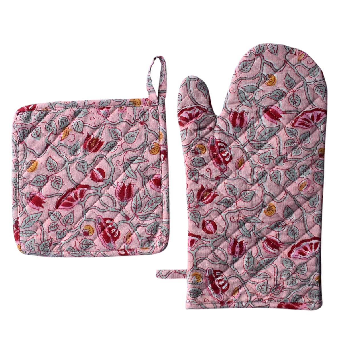Artisan-Made Hand Block Printed Oven Mitt and Pot Holder Set Waterlily Pink Gud 906174