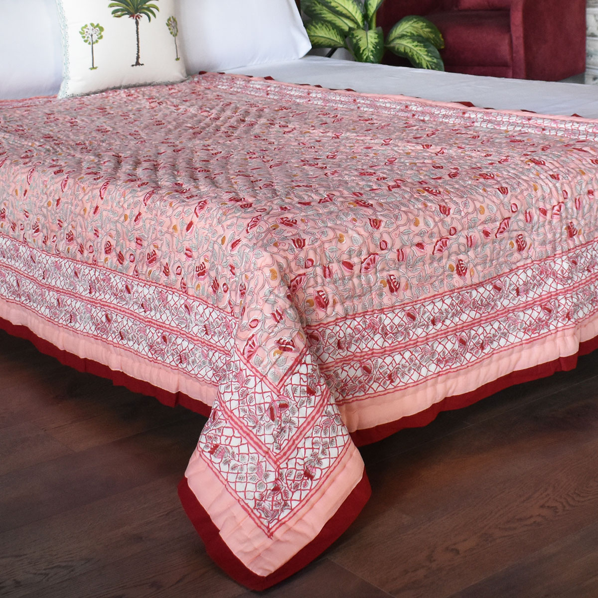 Hand Block Printed Cotton Twin Size Quilt Waterlily Pink Gud 906174