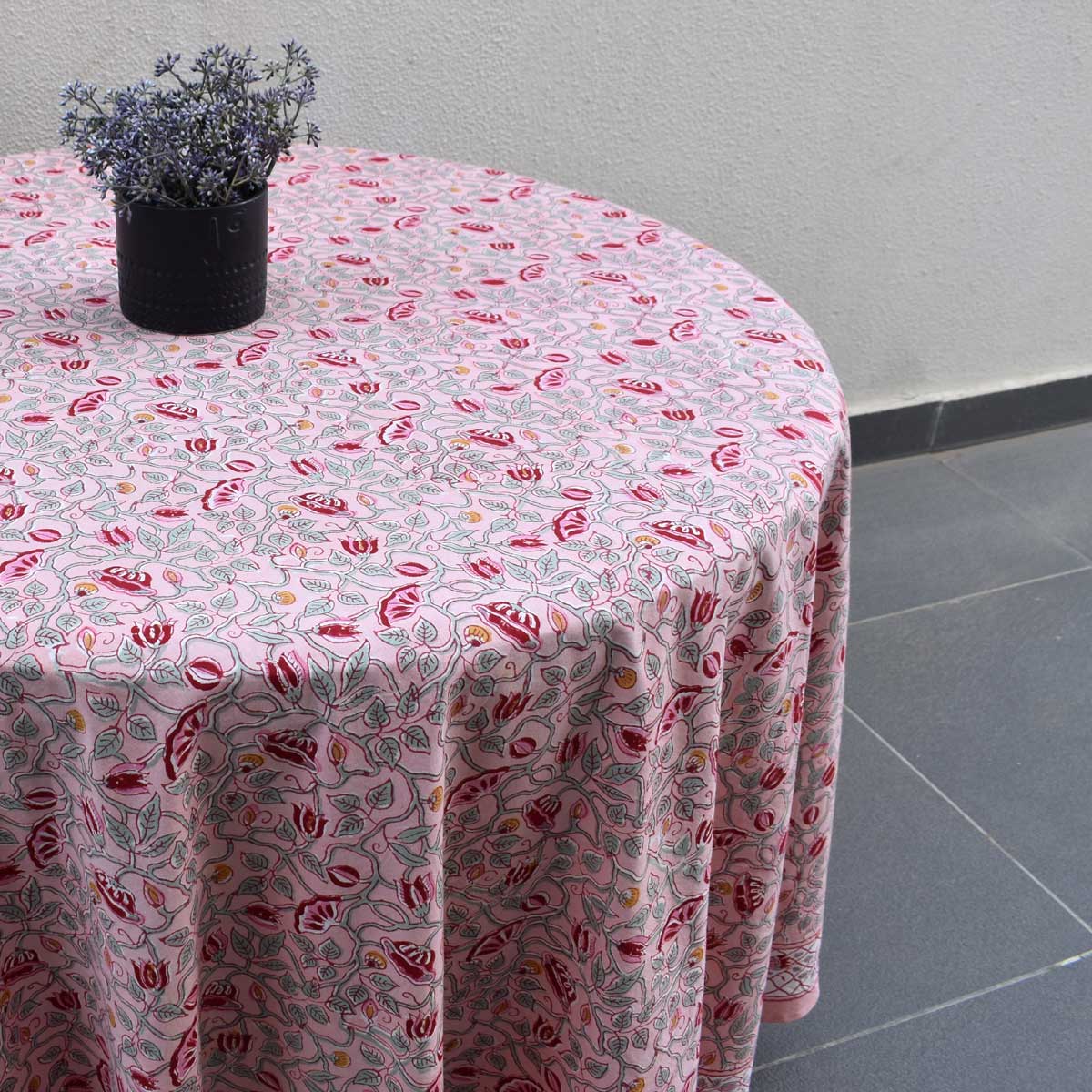 Hand Block Printed Cotton Round Tablecloth 220 cms Waterlily Pink Gud 906174