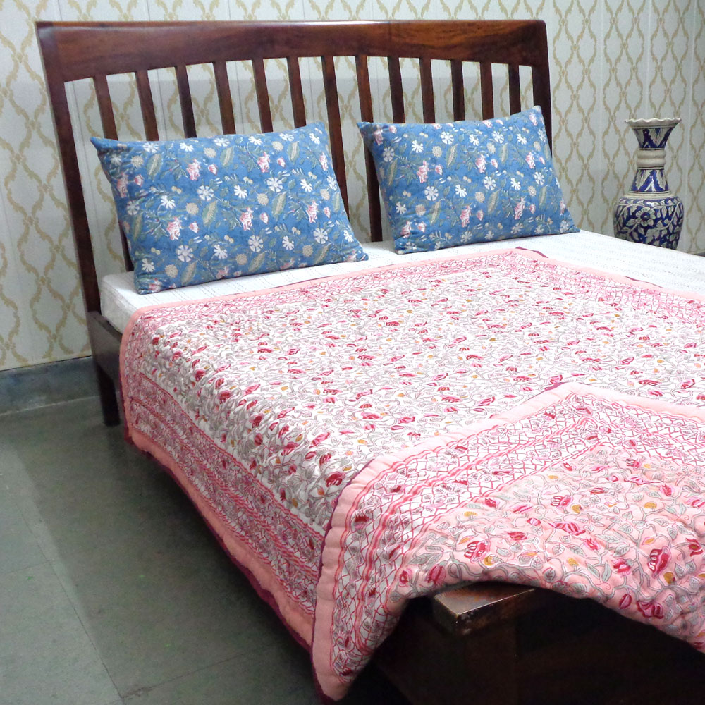 Hand Block Printed Cotton Twin Size Quilt Waterlily Pink Gud 906174
