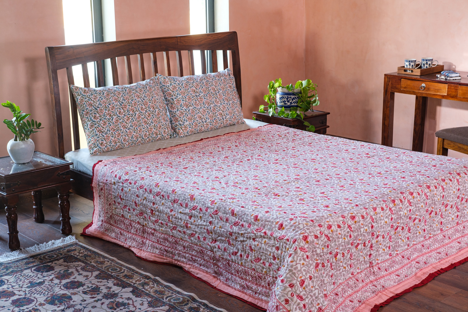 Hand Block Printed Cotton Queen Size Quilt Waterlily Pink Gud 906174