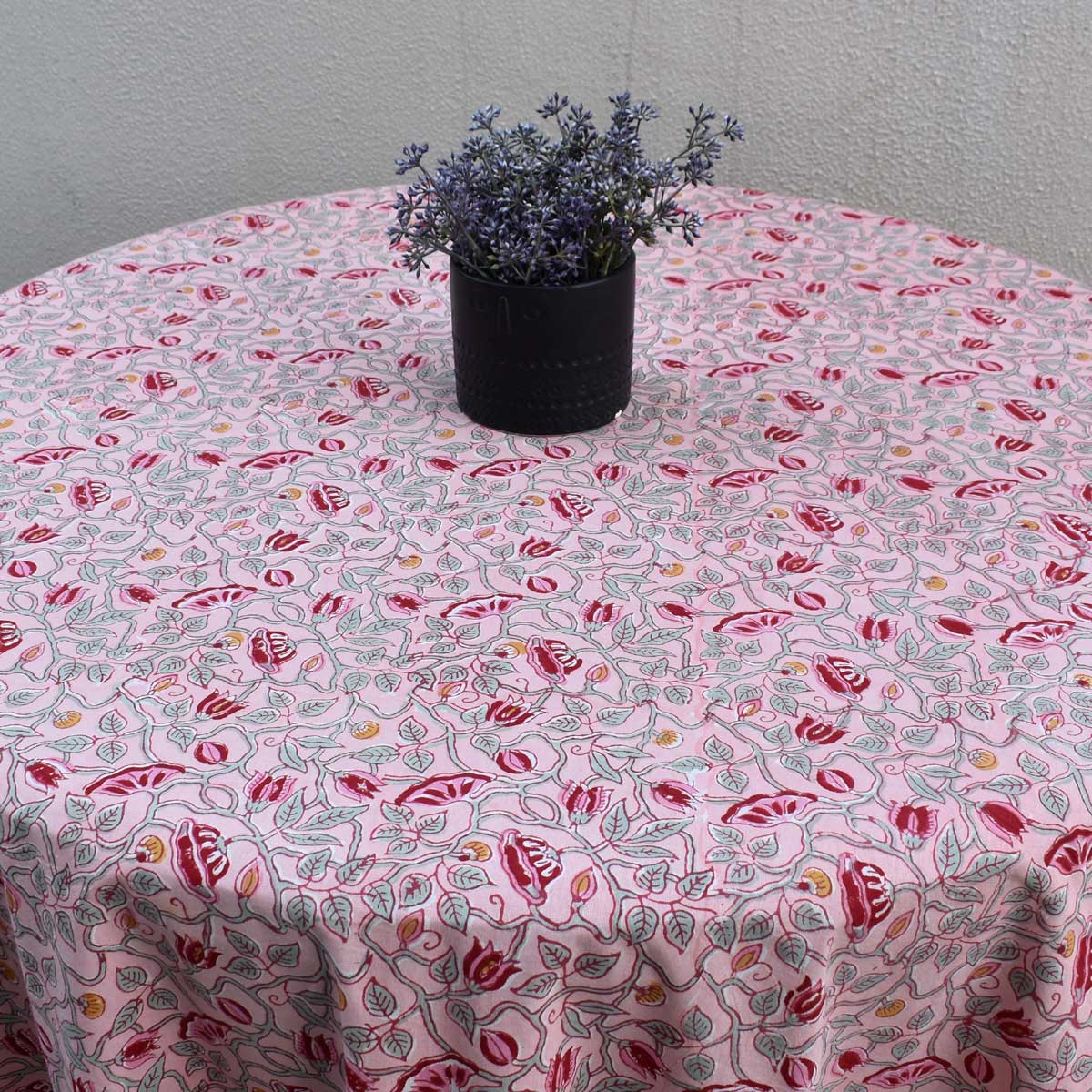 Hand Block Printed Cotton Round Tablecloth 220 cms Waterlily Pink Gud 906174