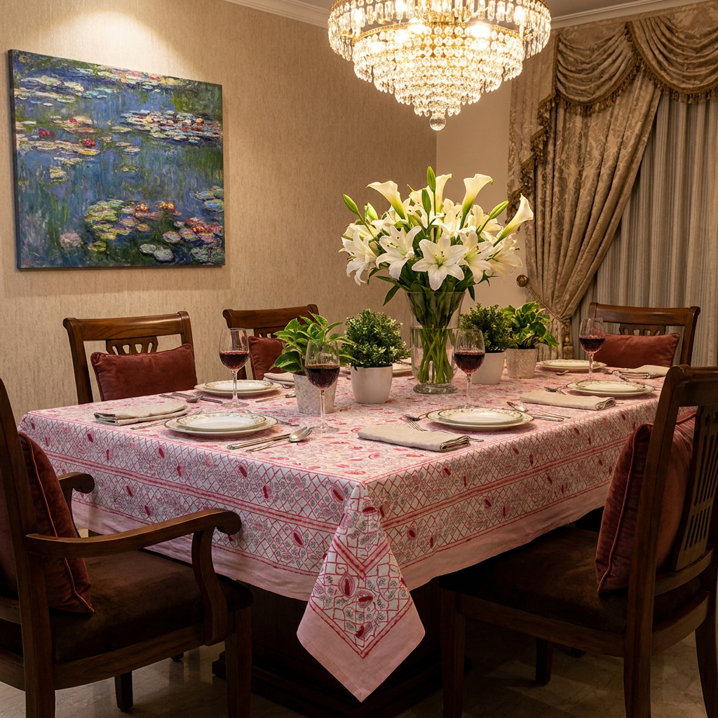 Hand Block Printed Cotton Tablecloth 180x340 cms Waterlily Pink Gud 906174