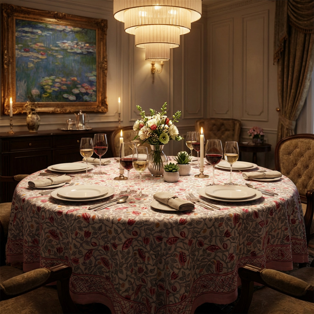 Image of Hand Block Printed Cotton Round Tablecloth 220 cms| Waterlily Pink Open 906172