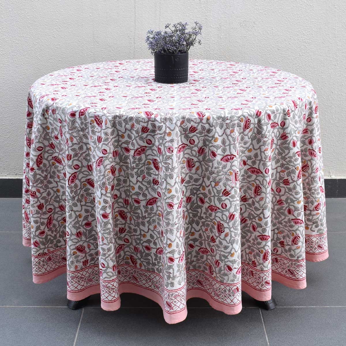 Hand Block Printed Cotton Round Tablecloth 220 cms Waterlily Pink Open 906172