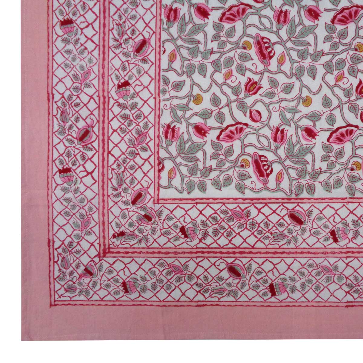 Hand Block Printed Cotton Tablecloth 180x270 cms Waterlily Pink Open 906172