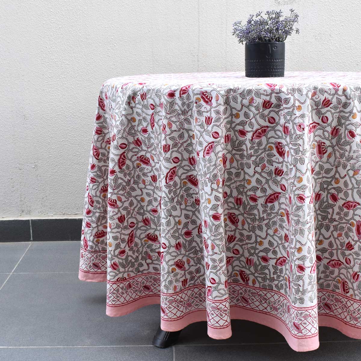 Hand Block Printed Cotton Round Tablecloth 220 cms Waterlily Pink Open 906172