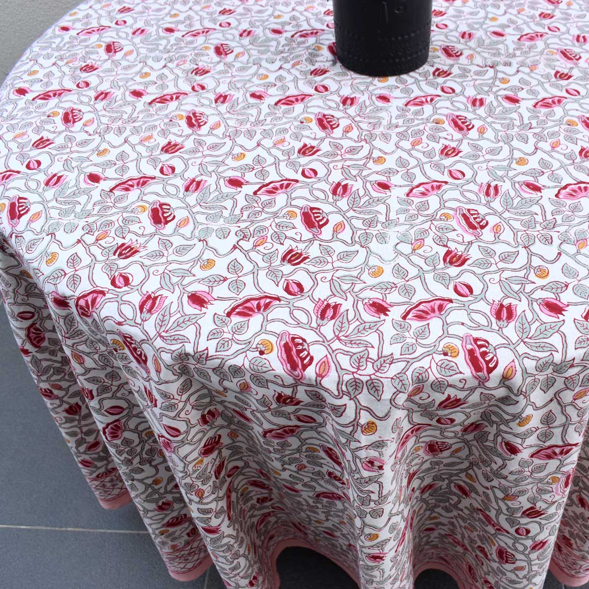 Hand Block Printed Cotton Round Tablecloth 220 cms Waterlily Pink Open 906172
