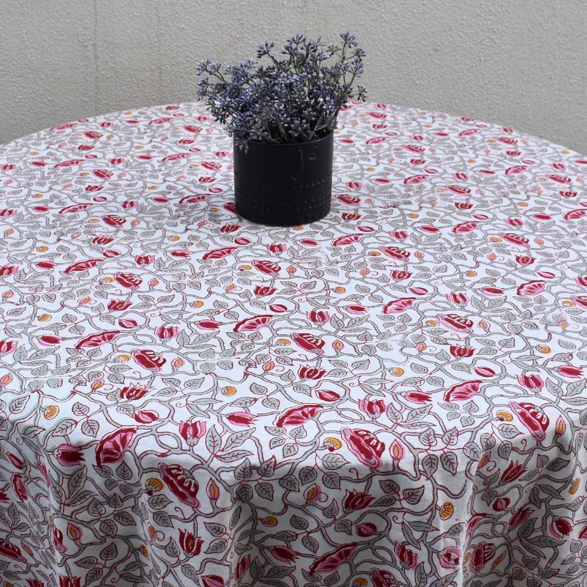 Hand Block Printed Cotton Round Tablecloth 220 cms Waterlily Pink Open 906172