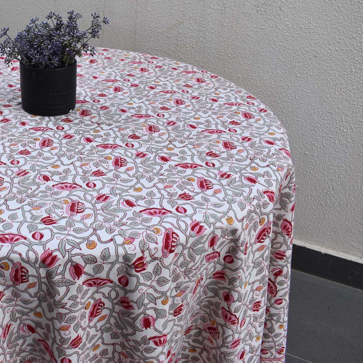 Hand Block Printed Cotton Round Tablecloth 220 cms Waterlily Pink Open 906172