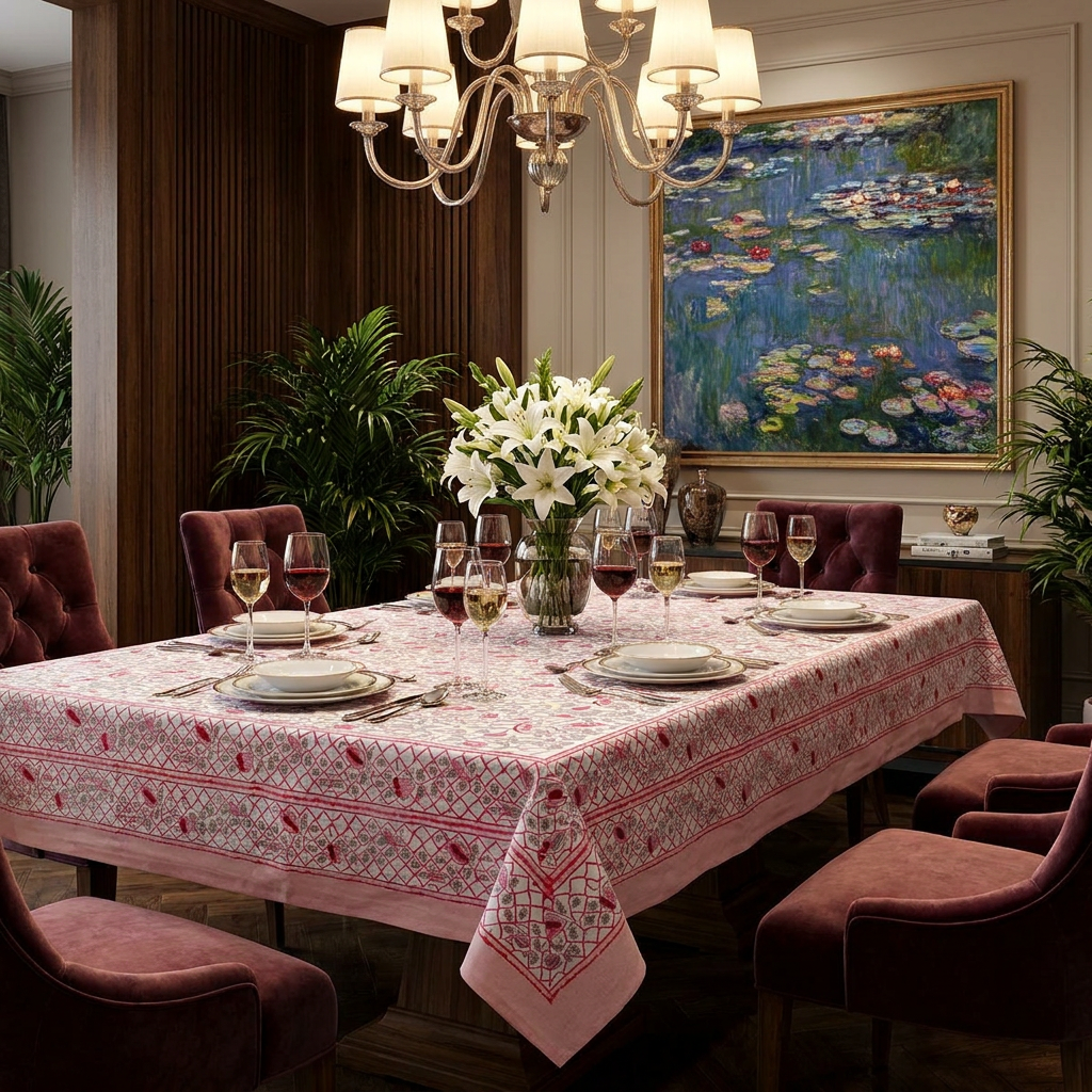 Hand Block Printed Cotton Tablecloth 180x270 cms Waterlily Pink Open 906172