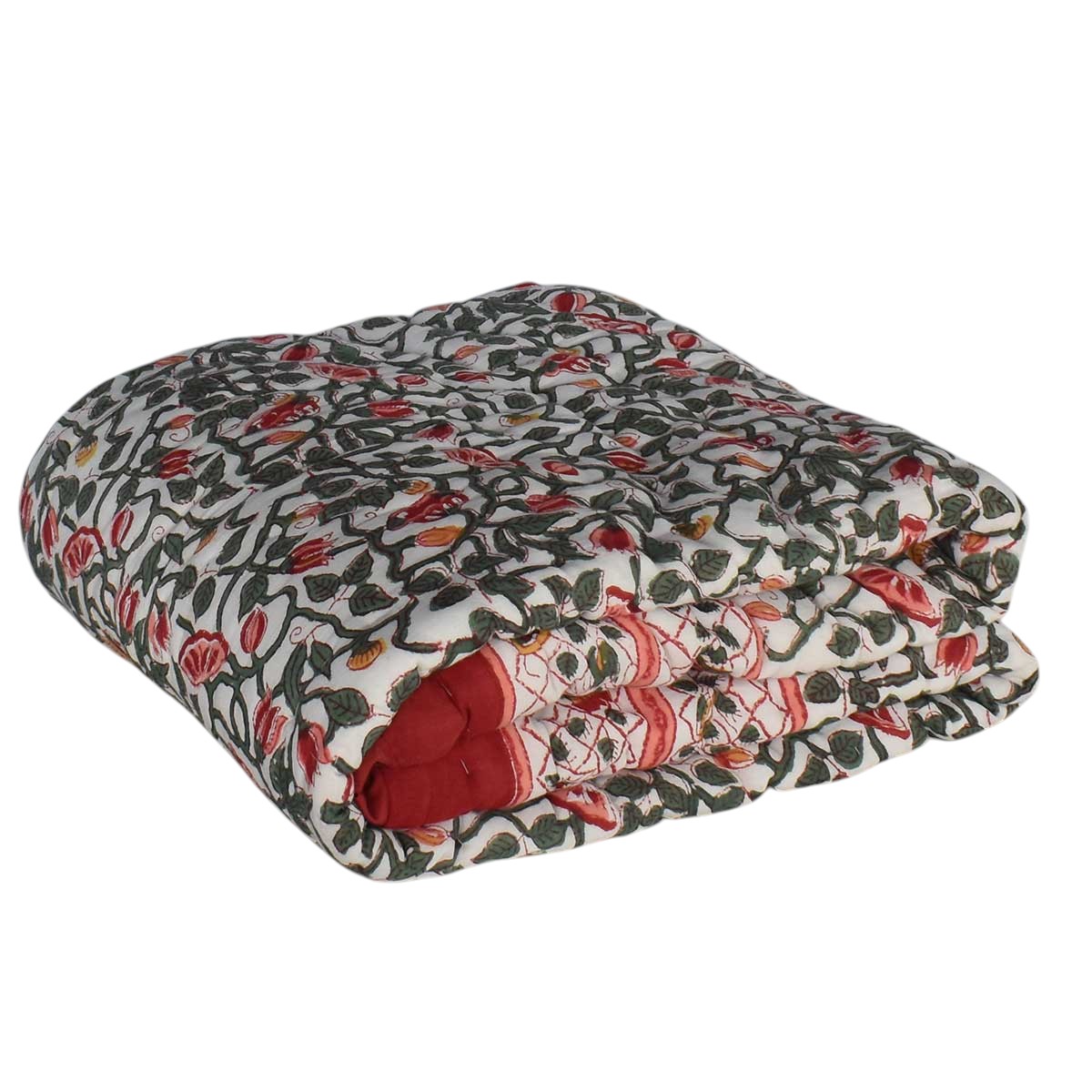 Hand Block Printed Baby Quilt Jaipur Razai  Waterlily Red 100407