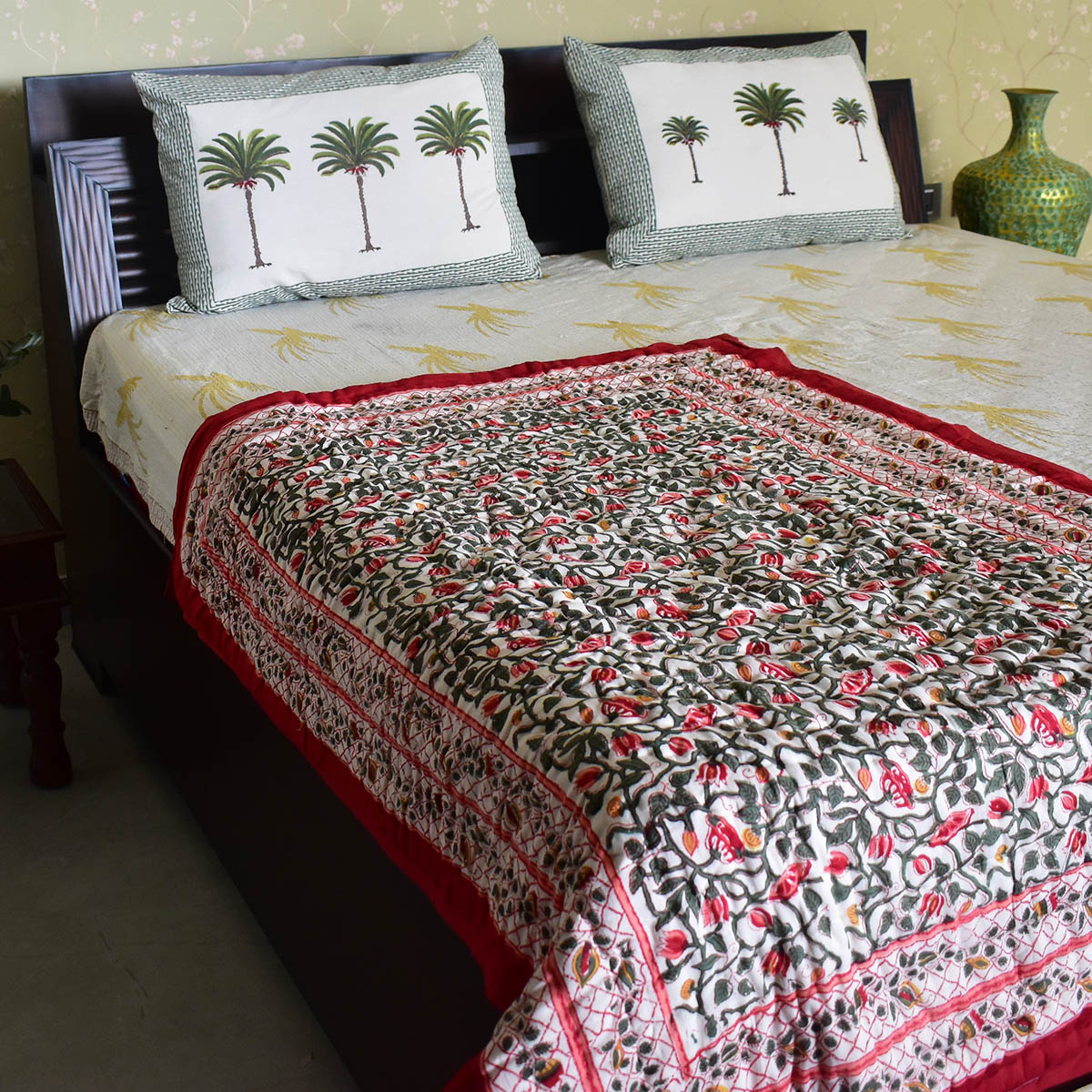 Hand Block Printed Baby Quilt Jaipur Razai Waterlily Red 100407